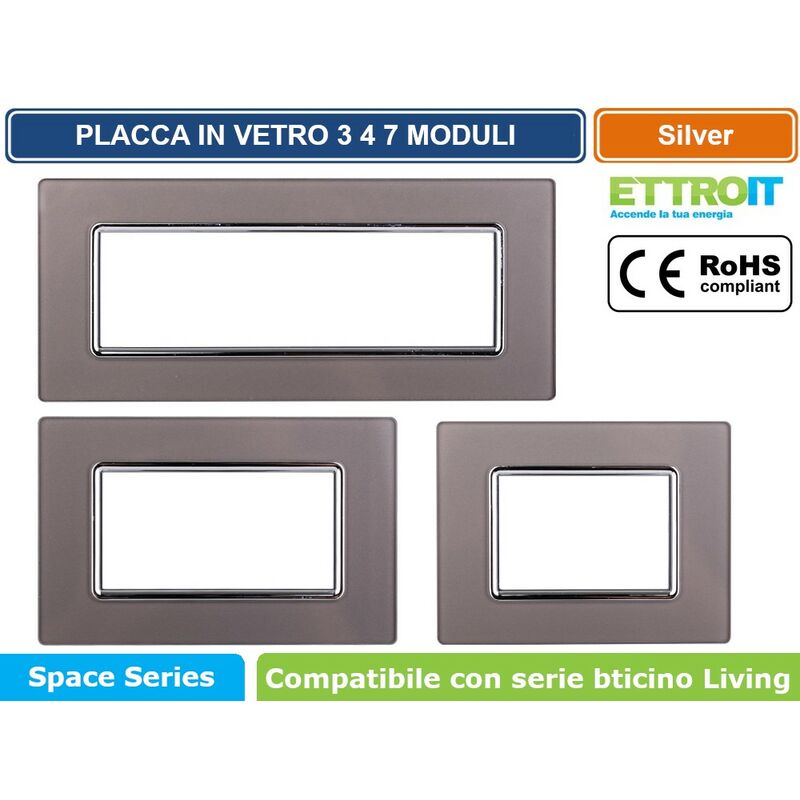 foto del prodotto placca in vetro colore silver compatibile con serie bticino living 3 4 7 moduli ettroit ln84 numero moduli 7 moduli