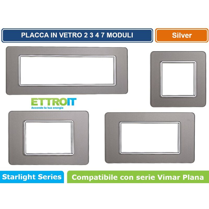 foto del prodotto placca in vetro colore silver compatibile con serie vimar plana 2 3 4 7 moduli ettroit numero moduli 4 moduli