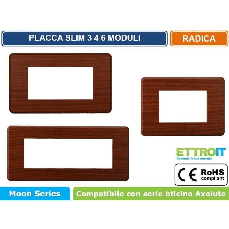 foto del prodotto placca slim, serie moon, 4 moduli, plastica, radica, compatibile con serie bticino axolute air - ettroit an87403
