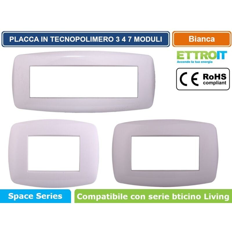 foto del prodotto placca slim serie space, 3 moduli, plastica, bianco, compatibile con serie bticino living ettroit ln87301