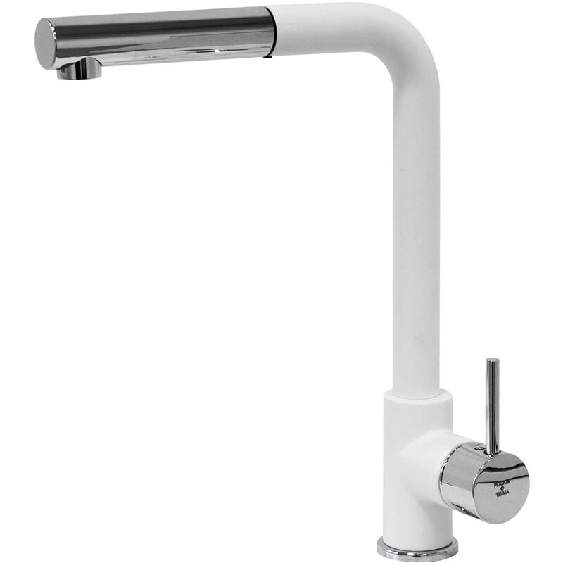 foto del prodotto plados miscelatore cucina monocomando vemixextl con canna a 90 e doccia estraibile bianco latte