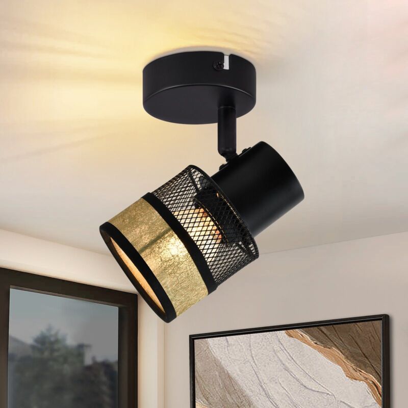 foto del prodotto plafoniera 1 fiamma nera lampada da soffitto in metallo vintage con paralume in tessuto dorato faretto da soffitto e27 led max.40w 330 orientabile