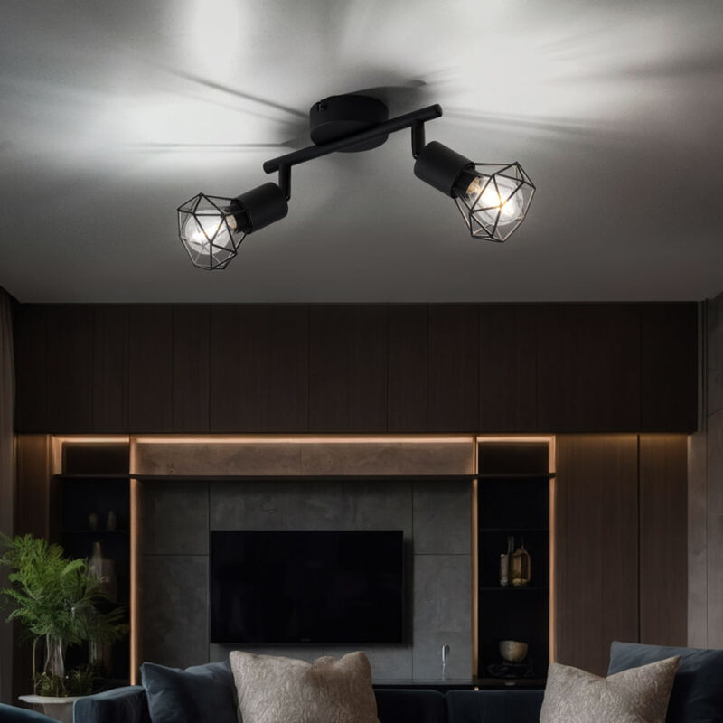 foto del prodotto plafoniera 2 lampadine faretto nero 2 faretti lampada da soffitto orientabile nera, design a gabbia in metallo, 2x 6w 2x 700lm bianco caldo, lxpxh