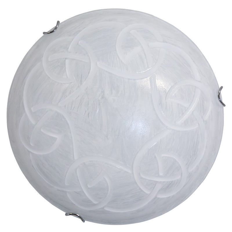 foto del prodotto plafoniera 2xe27 con ganci in cromo e vetro graffiato bianco.