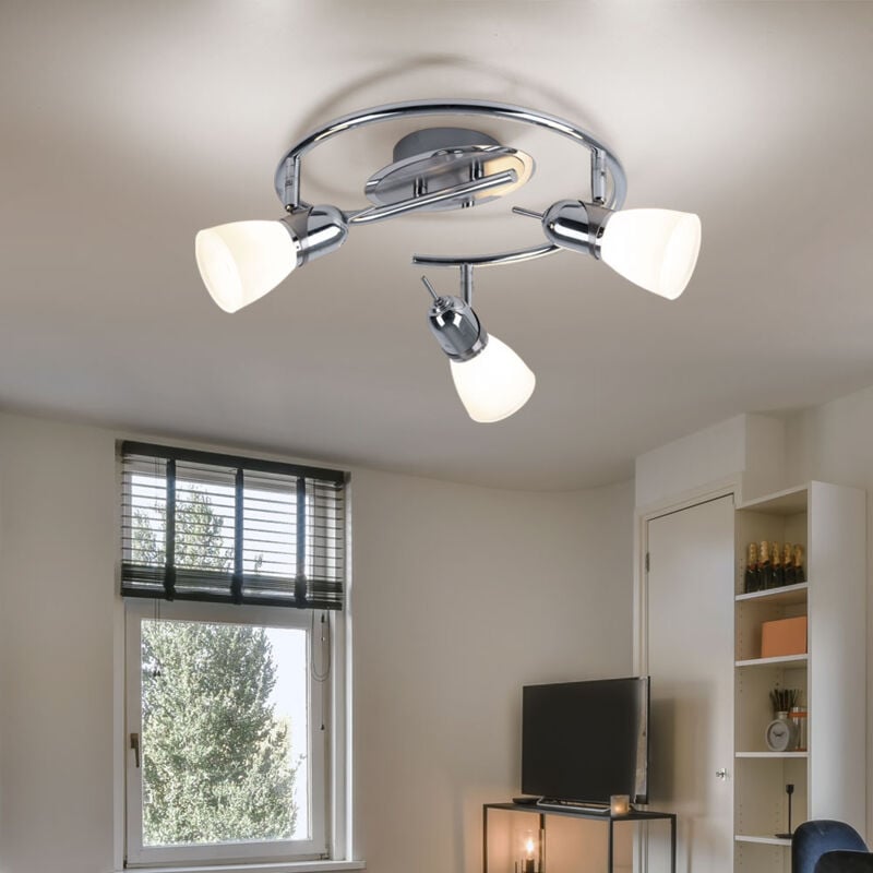 foto del prodotto plafoniera 3 fiamme spot rondell orientabile paralumi in vetro, acciaio cromato, 3x e14 led 3w 320lm bianco caldo, d 38 cm