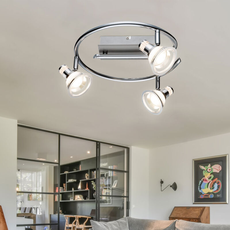 foto del prodotto plafoniera 3 fiamme spot rondelle orientabile da soffitto cromo, acrilico, 3x led 5 watt 330 lumen bianco caldo, dxh 30x15 cm