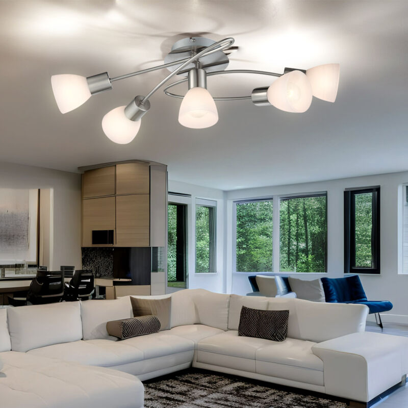 foto del prodotto plafoniera 5 faretti faretto lampada da corridoio lampada da soffitto vetro bianco, metallo nichelato, attacco 5x e14, lxlxh 61x36,5x21 cm