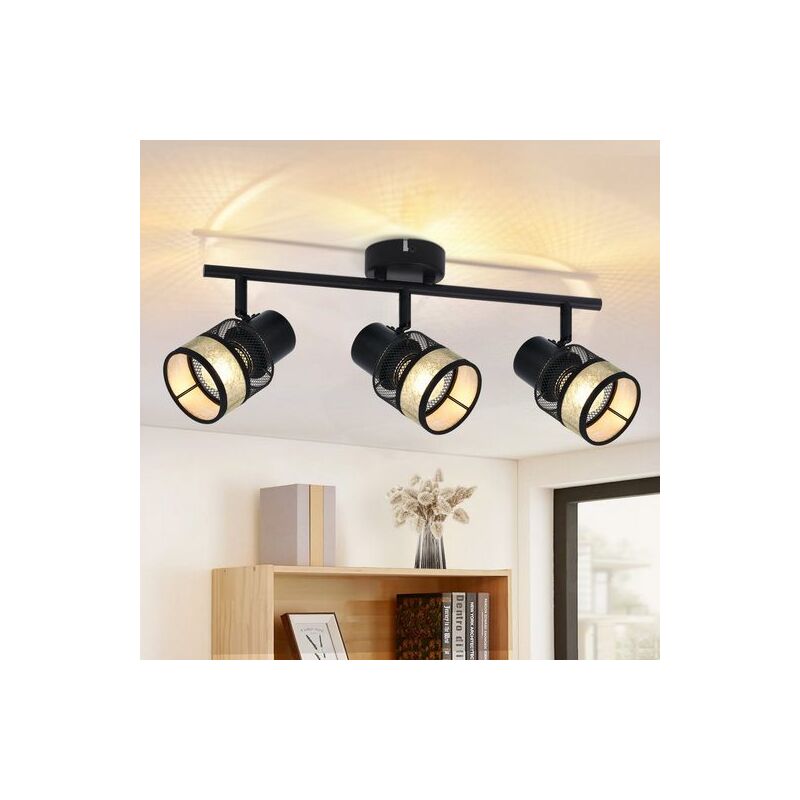 foto del prodotto plafoniera a 3 fiamme nero faretto da soffitto in metallo vintage e27 330 orientabile lampada da soffitto a led con paralume in tessuto oro