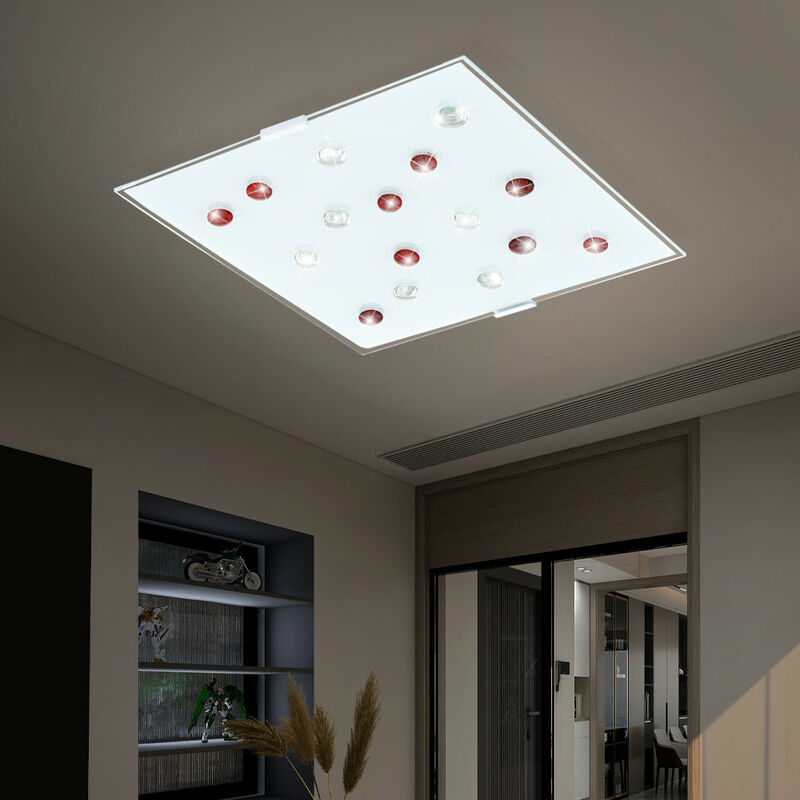 foto del prodotto plafoniera a led in vetro lampada da soggiorno quadrata moderna plafoniera in blocchi di vetro rosso, acciaio bianco, 12w 1020lm bianco caldo, lxlxa