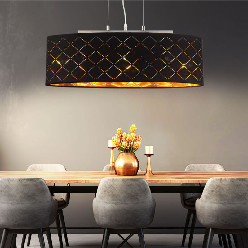 foto del prodotto plafoniera a sospensione lampada a sospensione tavolo da pranzo soggiorno lampada a soffitto 3 punzonature di fiamma, metallo tessile nero oro, 3x