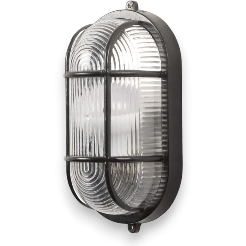 foto del prodotto plafoniera applique da esterno per parete o soffitto in alluminio pressofuso con griglia di protezione algi nero