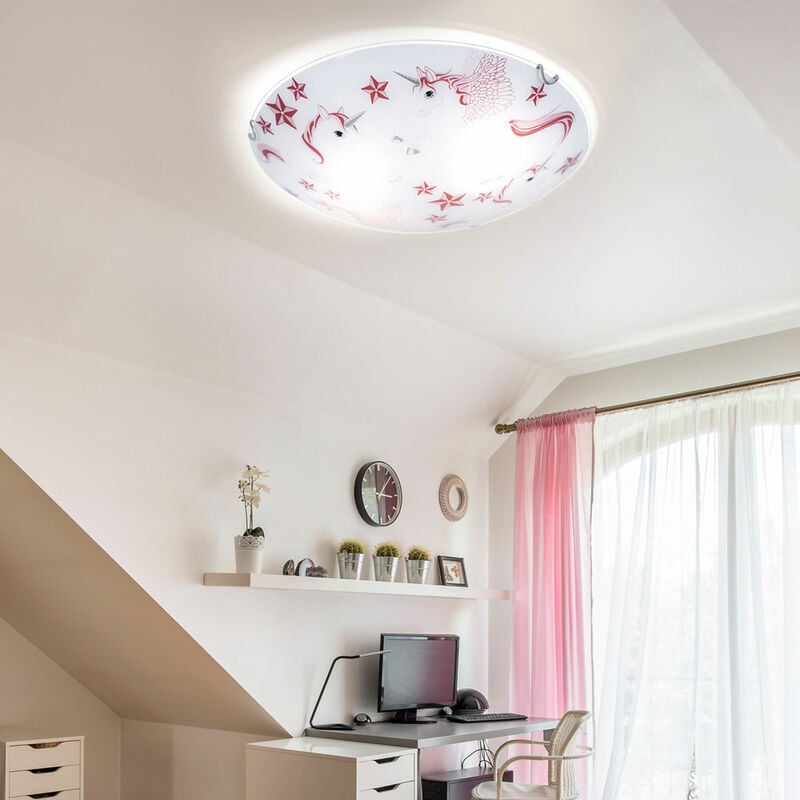 foto del prodotto plafoniera camera bambini rosa ragazza unicorno lampada da soffitto per bambini, metallo, 2x prese e27, dxh 40x10 cm