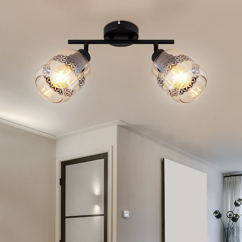 foto del prodotto plafoniera camera da letto faretto da soffitto a 2 luci moderno spot bar orientabile, vetro metallo, 2x prese e27, lxpxh 29,5x11x25 cm