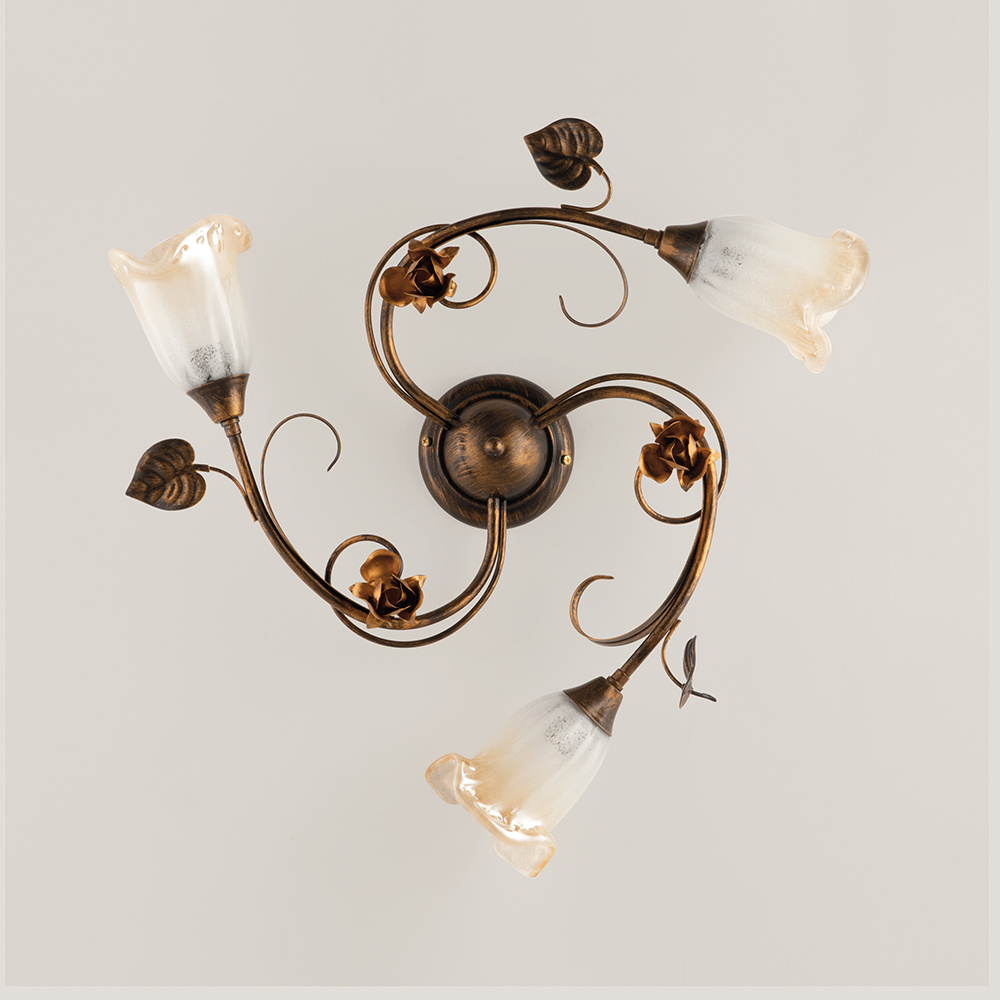 foto del prodotto plafoniera classica arte povera 3 luci ferro battuto marrone e oro serie cestino