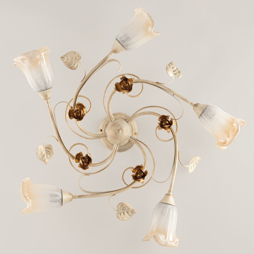 foto del prodotto plafoniera classica arte povera 5 luci ferro battuto avorio e oro serie cestino