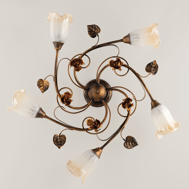 foto del prodotto plafoniera classica arte povera 5 luci ferro battuto marrone e oro serie cestino