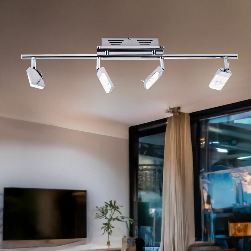 foto del prodotto plafoniera cromata spot strip 4 lampadine lampada da soggiorno orientabile, metallo plastica, 4x led 3w 170lm bianco caldo, lxpxh 67x17x17 cm