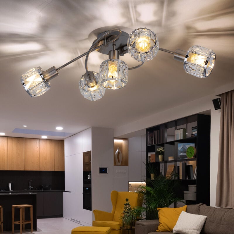 foto del prodotto plafoniera crystals lampada da soggiorno in cristallo lampada da soffitto cromo, nichel opaco, 5 prese e14, lxlxa 61,4x36x21 cm
