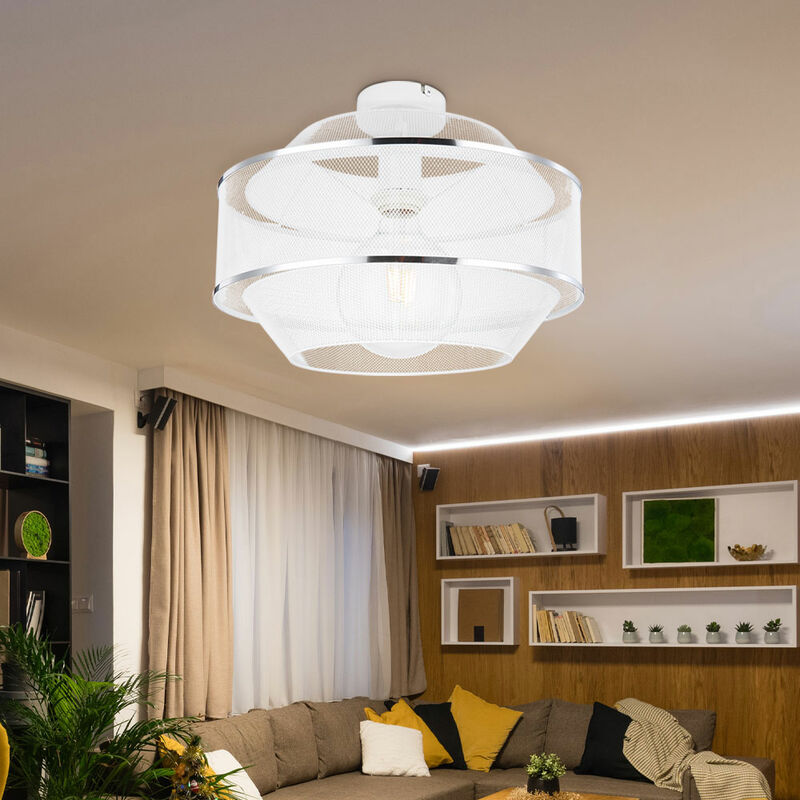 foto del prodotto plafoniera design sala da pranzo in rete metallica lampada da soffitto 1 lampadina con due anelli cromati effetto griglia, gabbia in metallo bianco,