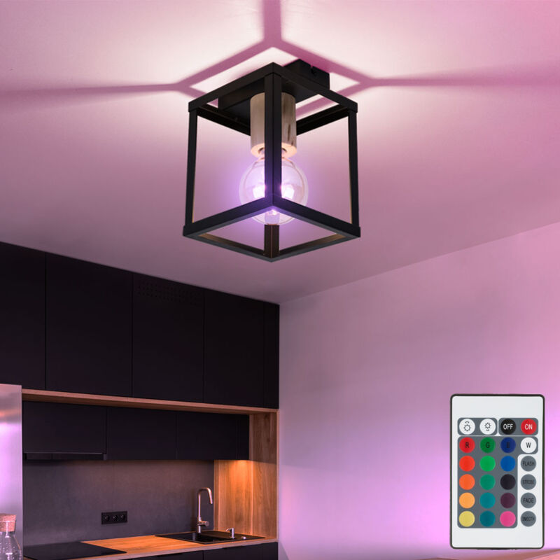 foto del prodotto plafoniera dimmerabile in legno naturale lampada nera camera da letto telecomando vintage in un set che include lampadine a led rgb