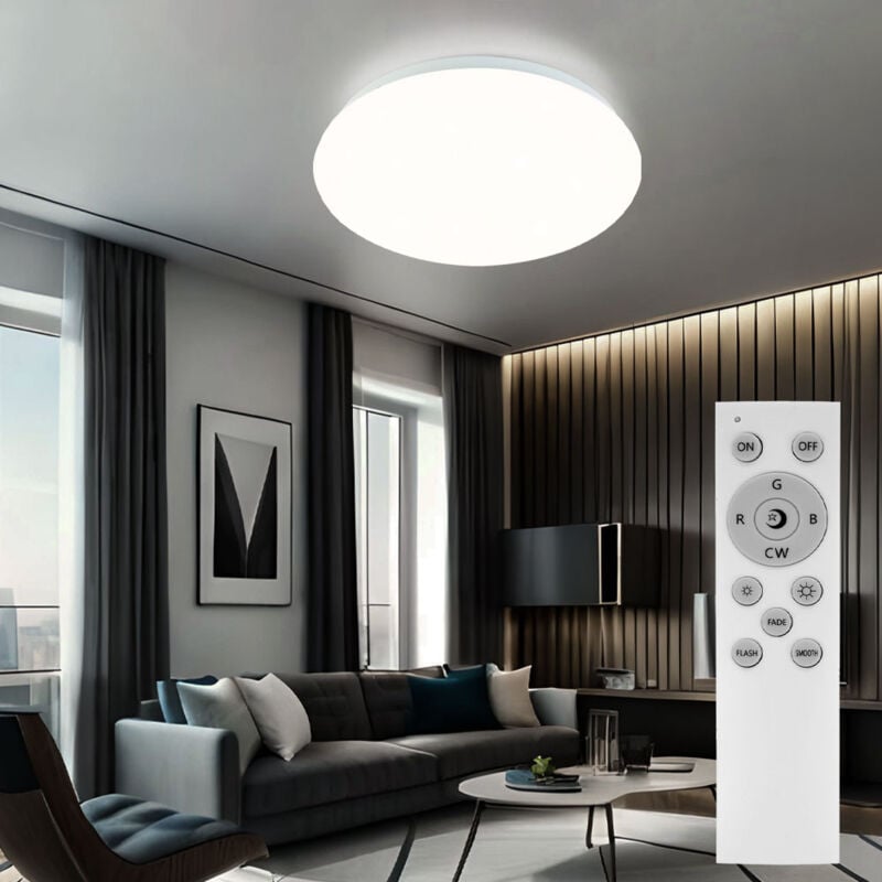 foto del prodotto plafoniera effetto cielo stellato plafoniera con cambiacolori, led rgb 15 watt bianco caldo 580 lumen, dimmerabile, telecomando, 29x9cm, soggiorno camera da letto