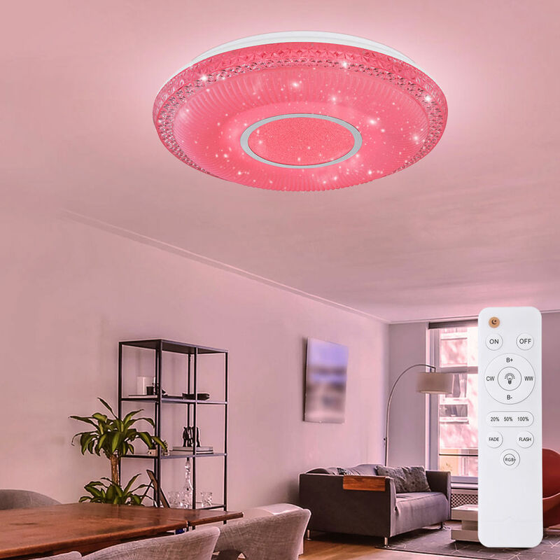 foto del prodotto plafoniera effetto stella, plafoniera dimmerabile, bianca, lampada dimmerabile con telecomando, funzione luce diurna, cambio colore, 1x led rgb 40w