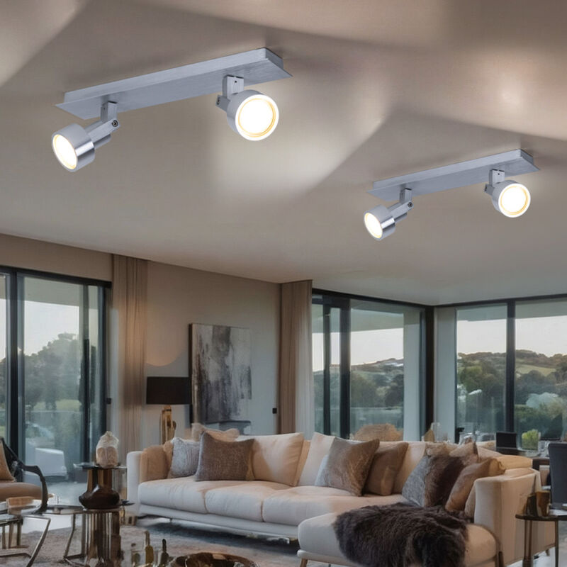 foto del prodotto plafoniera faretto a 2 luci, lampada da soffitto orientabile 2 faretti cromo, 2x led 3,2w 240lm bianco caldo, lxpxa 34x7x14 cm, set di 2
