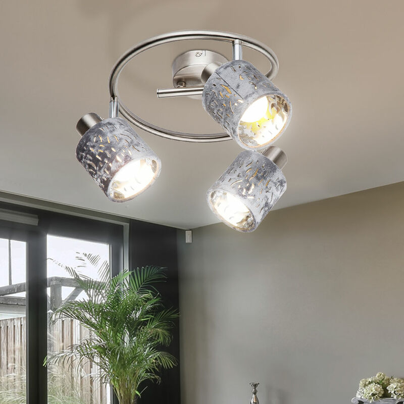 foto del prodotto plafoniera faretto a 3 luci, lampada da soffitto orientabile velvet, metallo argento, 3x prese e14, dxh 25x15 cm
