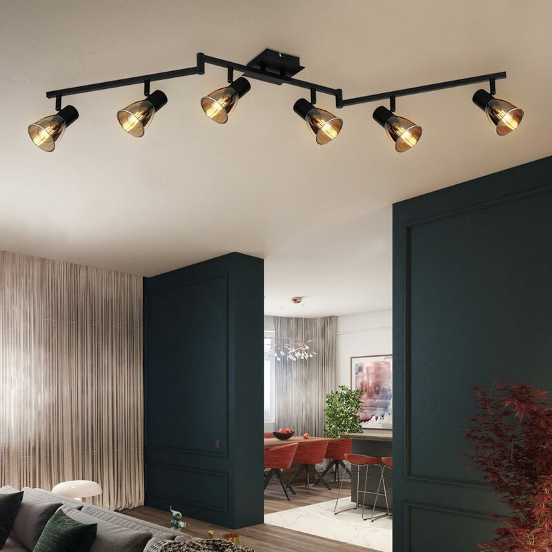 foto del prodotto plafoniera faretto da soffitto lampada da soggiorno faretti orientabili, metallo vetro nero fumo, 6 fiamme, lxpxh 145x11x21 cm