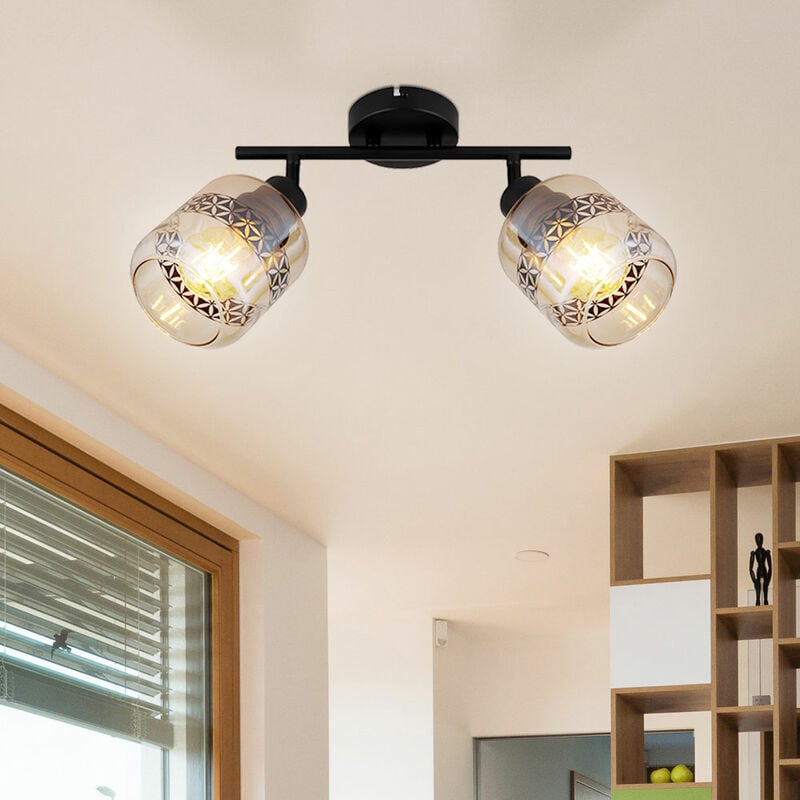 foto del prodotto plafoniera faretto da soffitto luce soggiorno 2 luci moderna spot strip orientabile, vetro metallo, 2x prese e27, lxpxh 29,5x11x25 cm