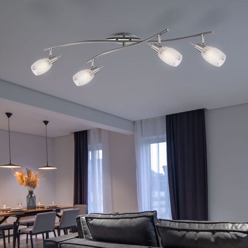 foto del prodotto plafoniera faretto lampada soggiorno lampada sala da pranzo lampada corridoio, metallo vetro nichel cromo opaco, 4 luci e14 spot orientabili, l 90 cm
