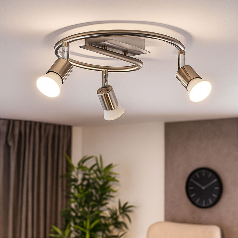 foto del prodotto plafoniera faretto plafoniera lampadario a soffitto con spot mobili, acciaio spazzolato, asta di supporto curva, argento, 3x gu10, p 50 cm