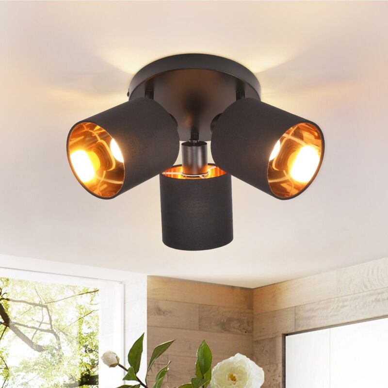 foto del prodotto plafoniera gbly 3 faretti da soffitto neri plafoniera spot da soffitto vintage e14 girevole 350 max.25w schermo in tessuto moderno per salotto,