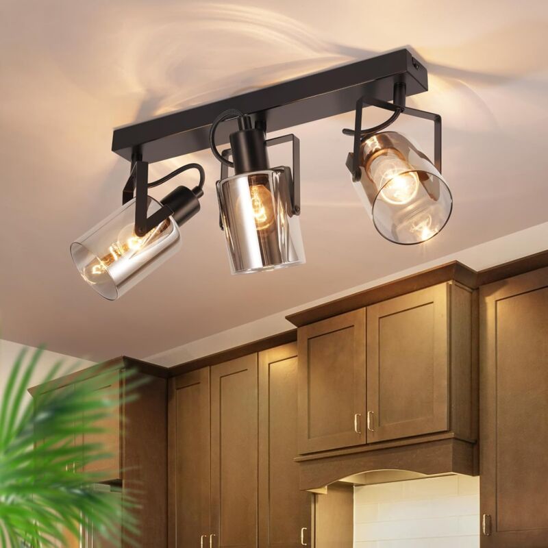 foto del prodotto plafoniera gbly faretto da soffitto vintage retr plafoniera in vetro grigio fum a 3 punti attacco e14 lampada da corridoio industriale