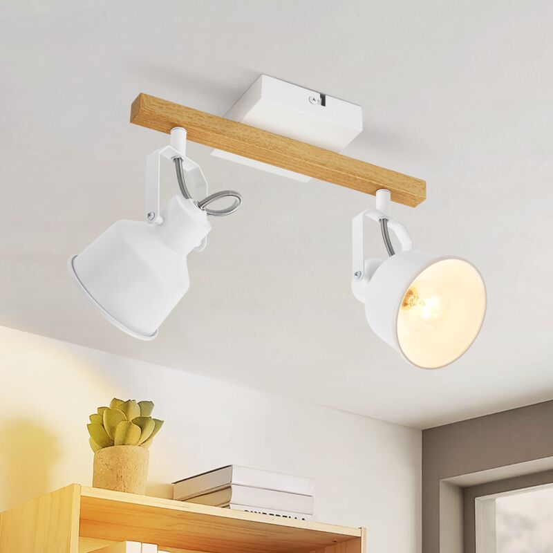 foto del prodotto plafoniera gbly spot da soffitto 2 lampadine bianco vintage pivotante 350 max.25w attacco e14 industriale effetto legno spot bar per salotto