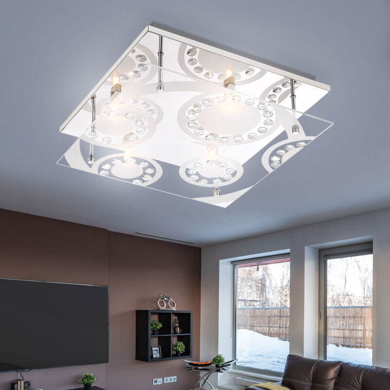 foto del prodotto plafoniera in cristallo lampada da soffitto in vetro, soggiorno, decoro in cristallo 4 fiamme, vetro cromato, cristalli k5, 4x g9, lxlxh 30x30x9 cm