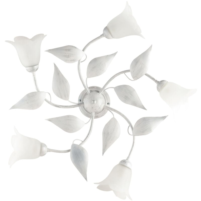 foto del prodotto plafoniera in ferro laccato bianco con decorazione argento antico e diffusori in vetro diametro 14 alabastro bianchi 5 luci