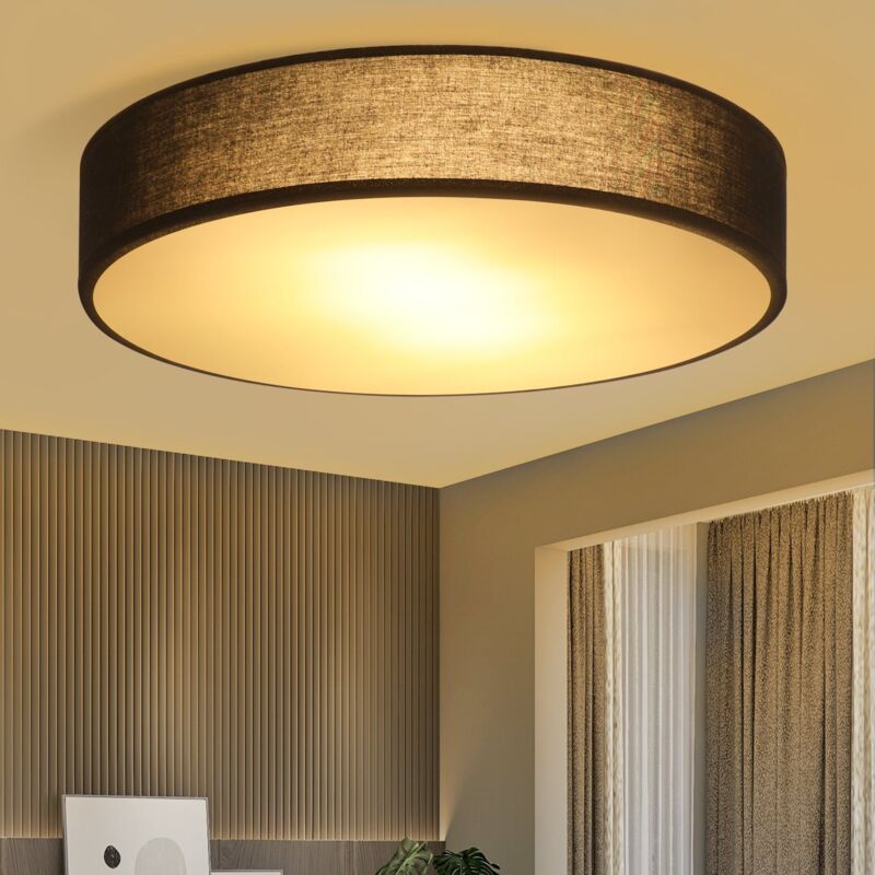 foto del prodotto plafoniera in tessuto nero, plafoniera dal design moderno, rustico e sobrio, illuminazione per ufficio, rotonda 38cm, 2 prese e27, fornita senza