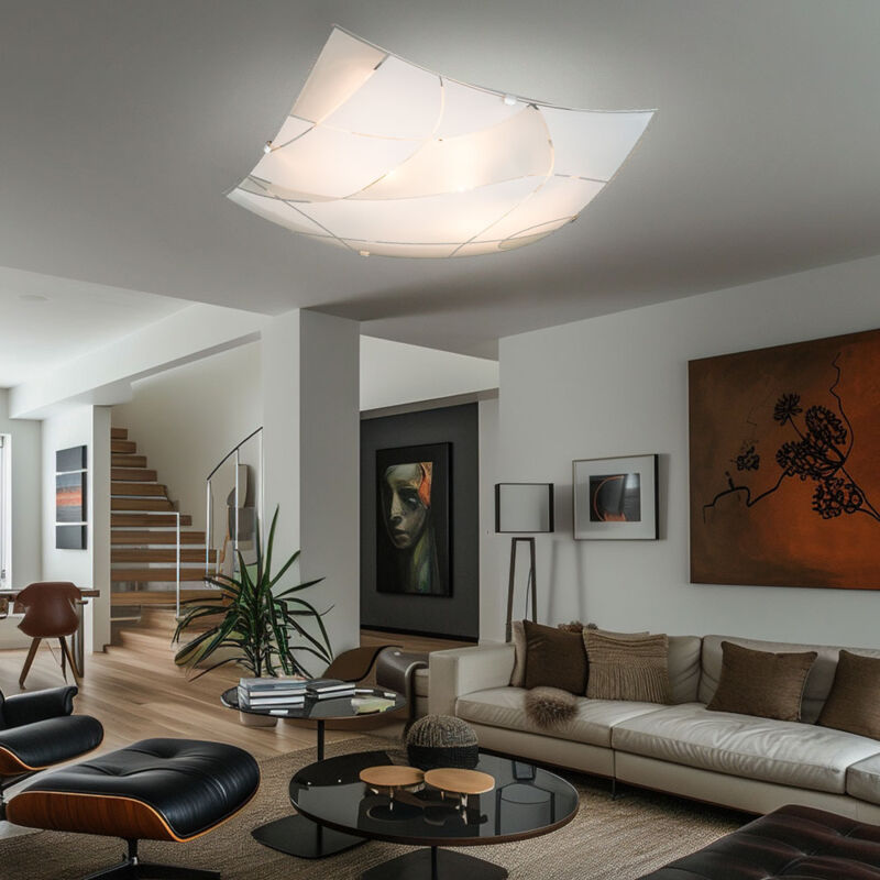 foto del prodotto plafoniera in vetro lampada da soffitto attacco e27 lampada da soffitto a 2 luci quadrata bianca, cromo satinato, linee decorative, 2x e27, lxlxh