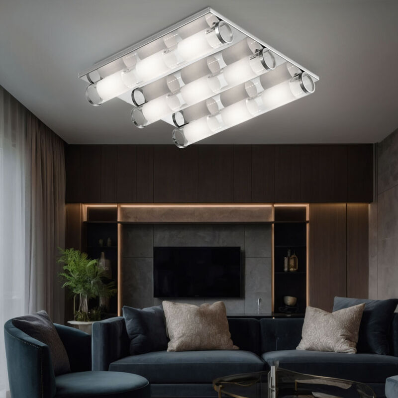 foto del prodotto plafoniera in vetro satinato per soggiorno plafoniera cromata, alluminio, 9 led 3w 300lm bianco caldo, lxlxh 40x40x8 cm