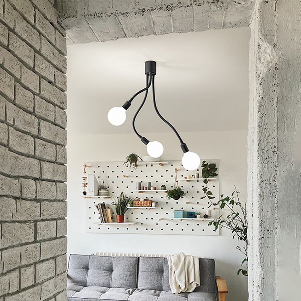 foto del prodotto plafoniera industrial minimal nordico bulbo metallo nero acrilico 3 luci e27