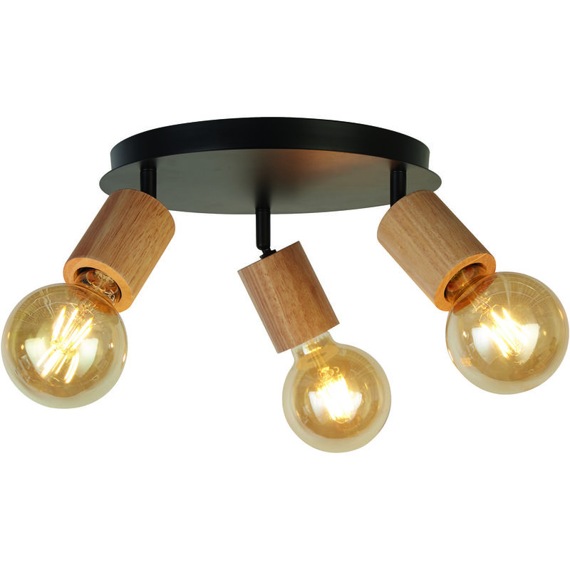 foto del prodotto plafoniera industrial nordico spinoso acciaio nero legno marrone 3 luci e27