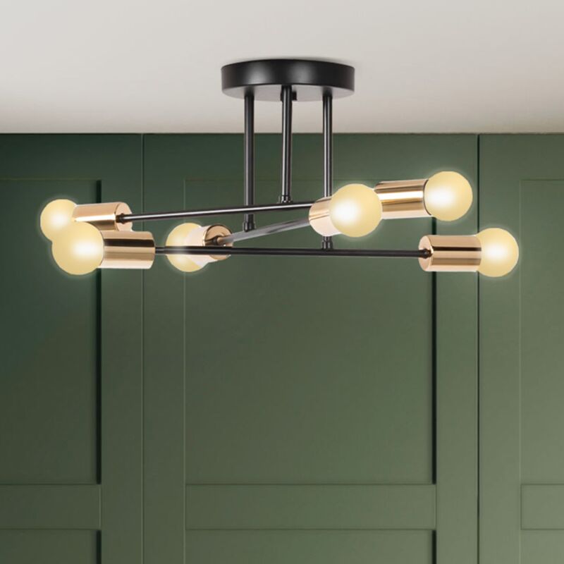 foto del prodotto plafoniera industriale con 3 rami in metallo nero e oro