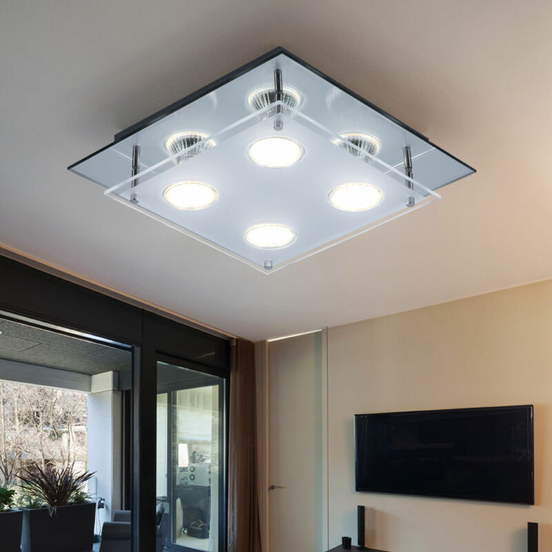 foto del prodotto plafoniera lampada camera da letto luce lampada in vetro soggiorno, 4 fiamme, vetro cromato bordo specchio trasparente, 4x led 12w 1000lm 3000k,