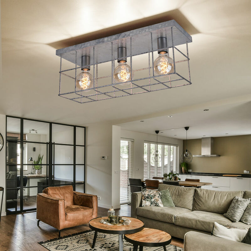foto del prodotto plafoniera lampada da soffitto 3 lampadine faretto industriale da soggiorno e27, griglia metallica color zinco, 3x prese e27, lxlxh 60x20x25,8 cm