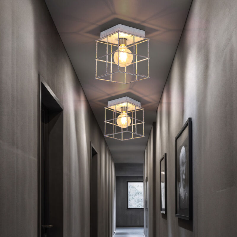 foto del prodotto plafoniera lampada da soffitto a 1 luce soggiorno, faretto industriale e27, griglia metallica color zinco, 1x attacco e27, lxlxh 20x20x20 cm, set da 2