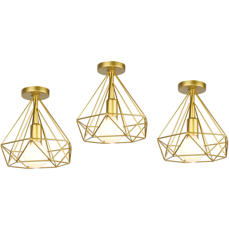 foto del prodotto plafoniera, lampada da soffitto in industriale stile, illuminazione 25cm con gabbia a form di diamantata per soggiorno camera da letto oro 3 pezzi