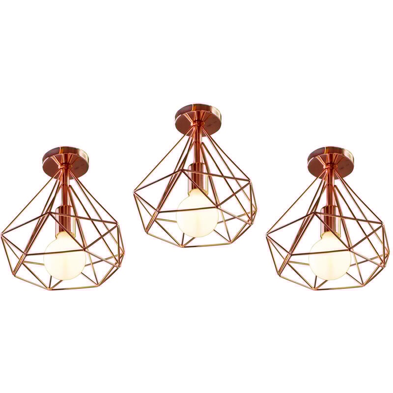 foto del prodotto plafoniera, lampada da soffitto in industriale stile, illuminazione 25cm con gabbia a form di diamantata per soggiorno camera da letto oro rosa 3pcs