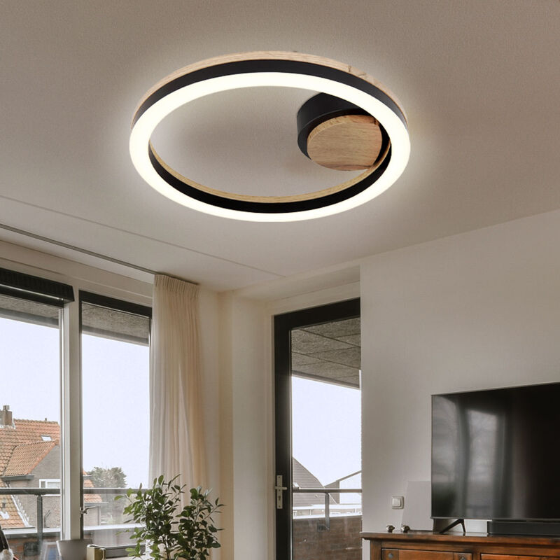 foto del prodotto plafoniera lampada da soffitto led lampada da soggiorno lampada da corridoio, metallo nero aspetto legno mdf plastica opale, 12w 600lm 3000k bianco