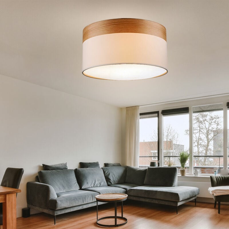 foto del prodotto plafoniera lampada da soffitto soggiorno luce rotonda blu legno tessuto beige, metallo tessuto, 3x prese e27, dxh 40x25 cm